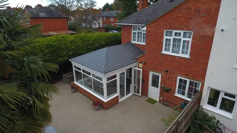 Completed tiled conservatory roof conversion seen from above
